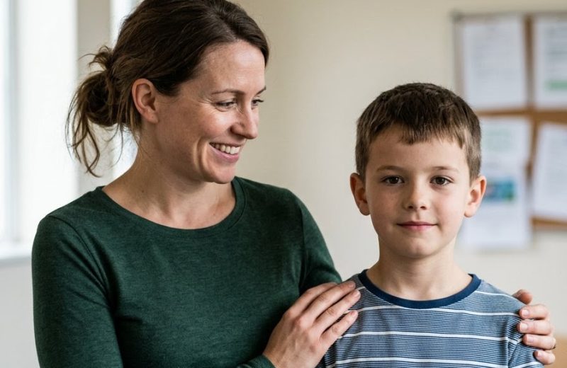 A disability support worker stands beside a young boy, her hand on his shoulder, both smiling