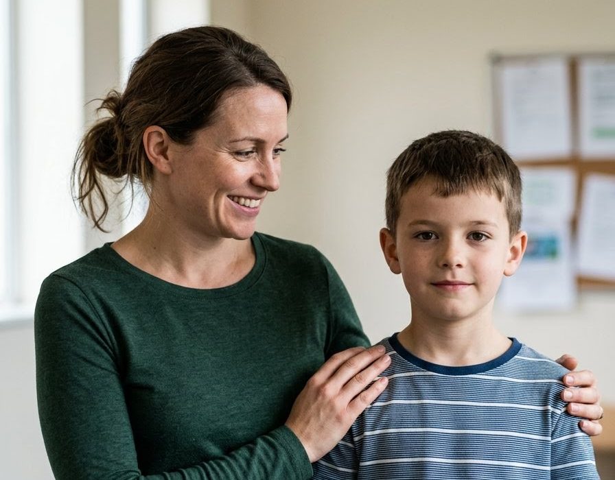 A disability support worker stands beside a young boy, her hand on his shoulder, both smiling