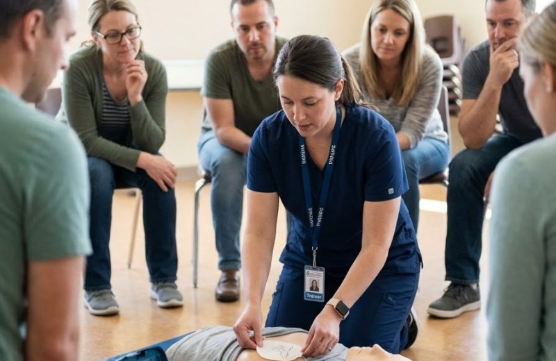 A trainer demonstrates placing AED defibrillator pads on a CPR training mannequin while course participants watch