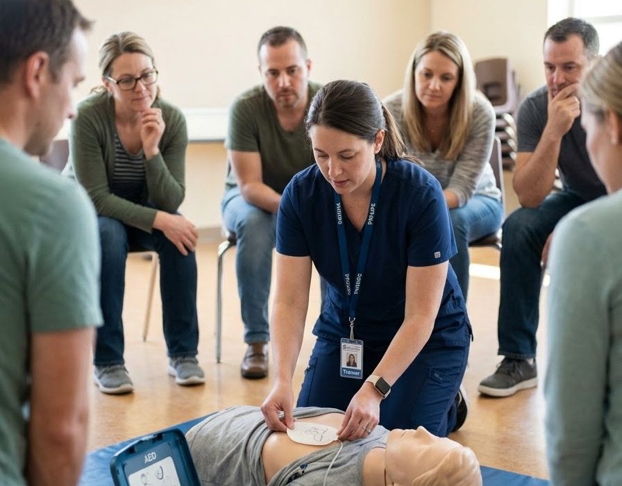 A trainer demonstrates placing AED defibrillator pads on a CPR training mannequin while course participants watch