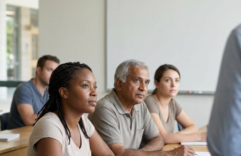 A group of adult students seated at classroom desks, taking notes while facing an instructor