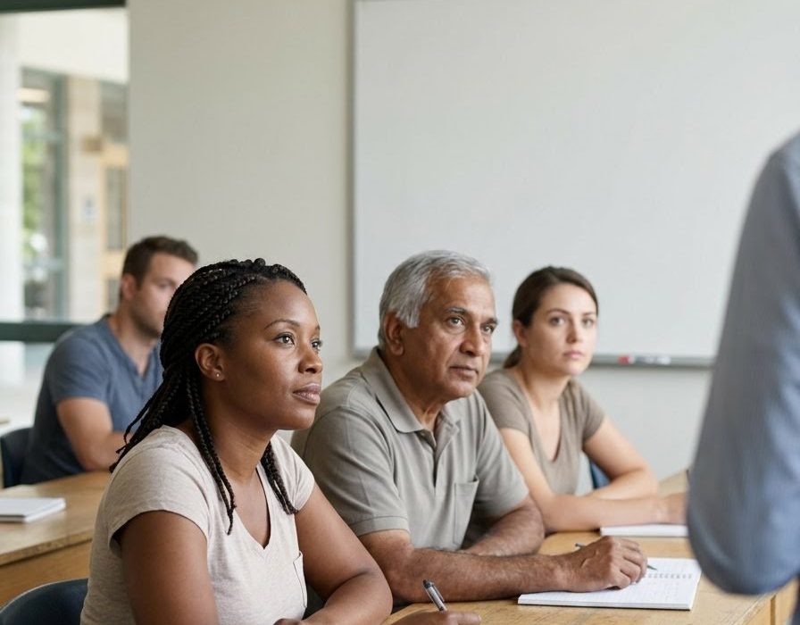 A group of adult students seated at classroom desks, taking notes while facing an instructor