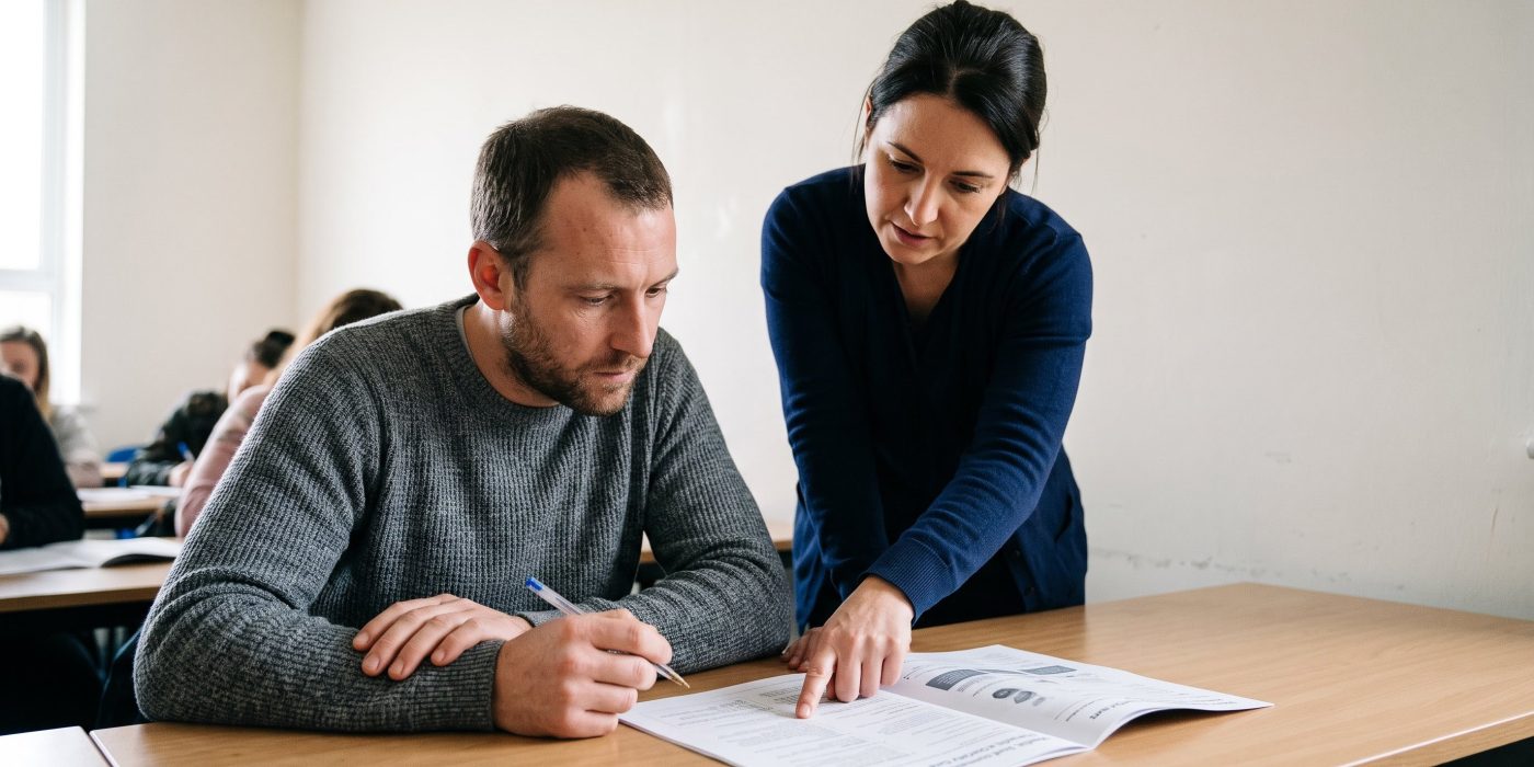 A trainer leans over a desk to point out a detail on a worksheet while an adult student looks on