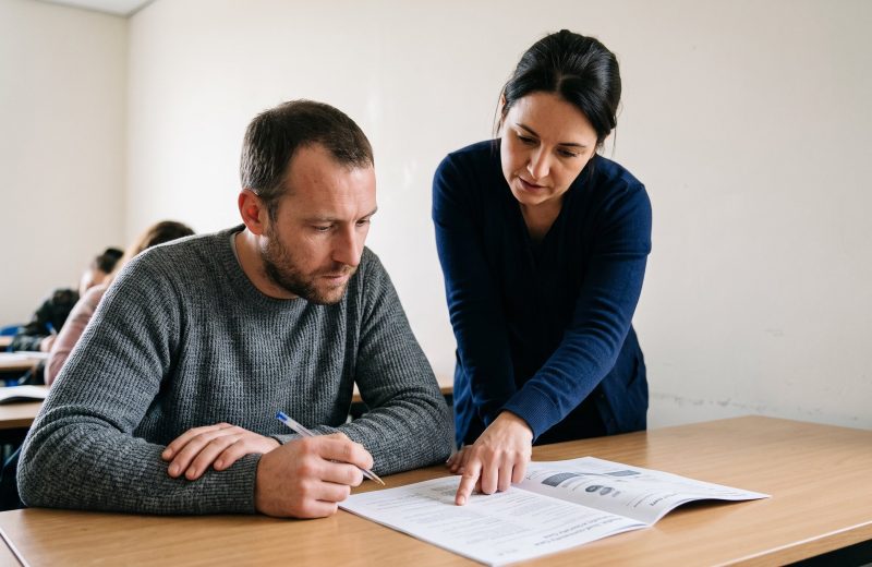 A trainer leans over a desk to point out a detail on a worksheet while an adult student looks on